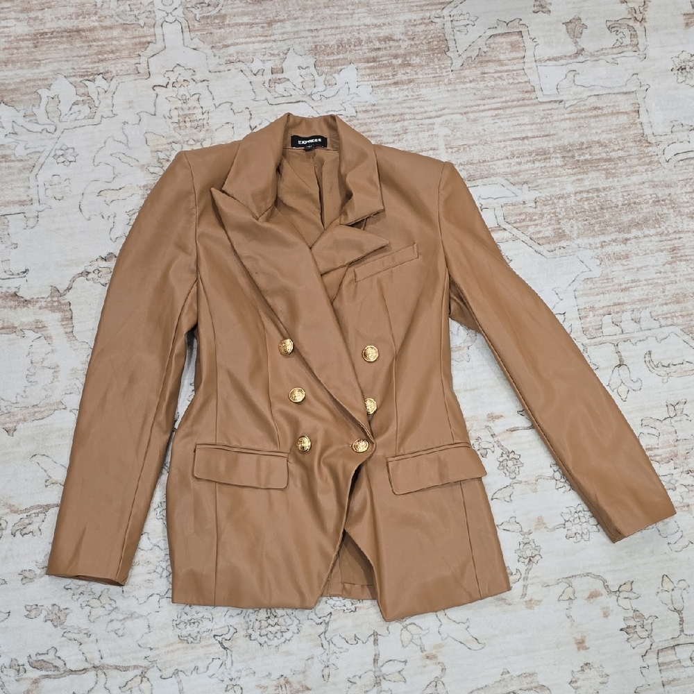 Express Tan Leather Double-Breasted Blazer with Gold Buttons